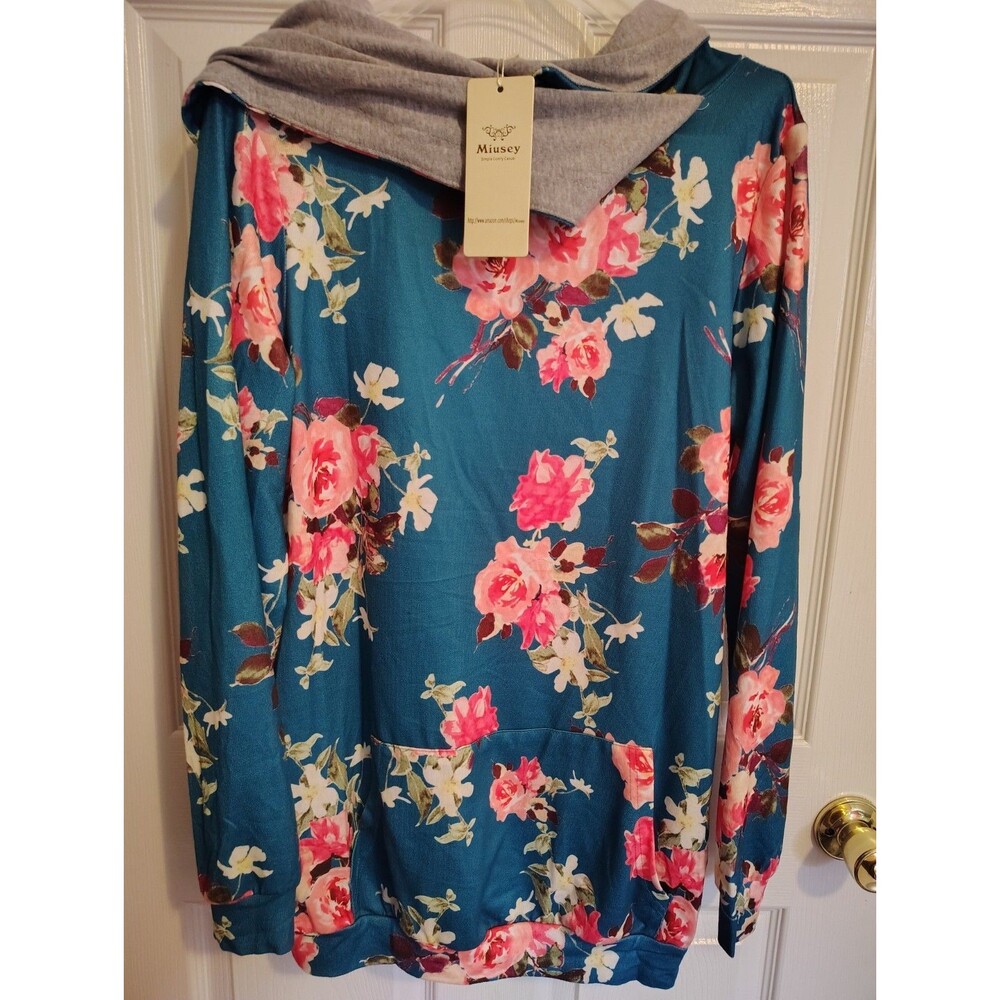 Miusey Women’s L Floral Pullover Hoodie Blue Pink Gray Long Sleeve Pockets